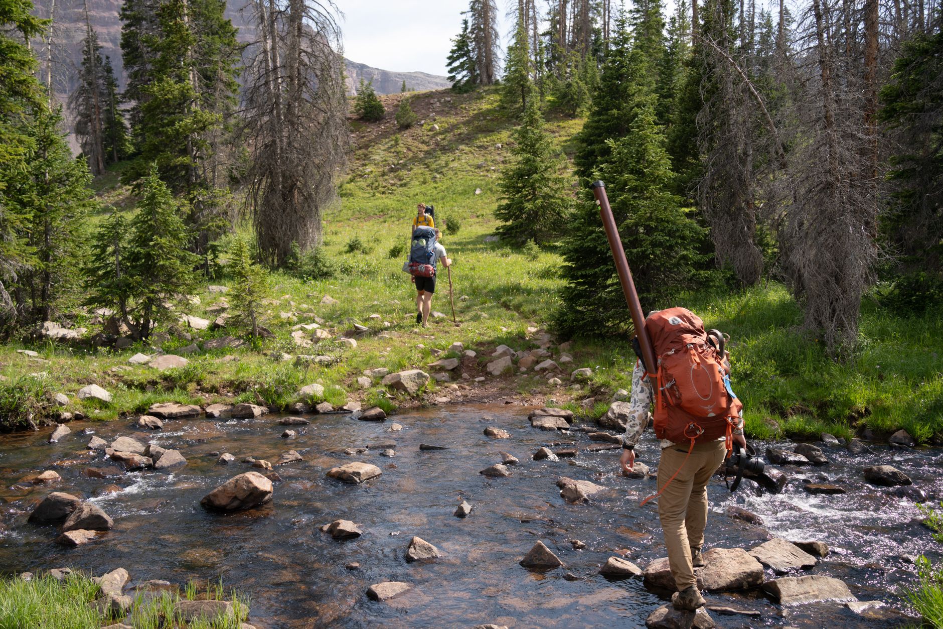 Hiker squeezing water through Sawyer Squeeze filter into water bottle